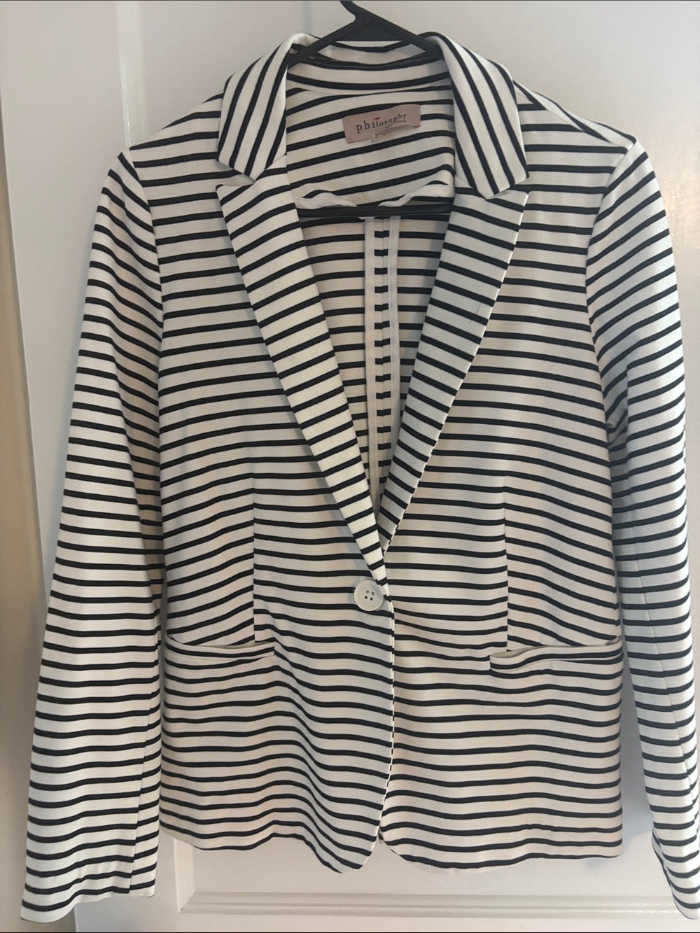 Philosophy Navy and White Striped Single-Button Blazer
